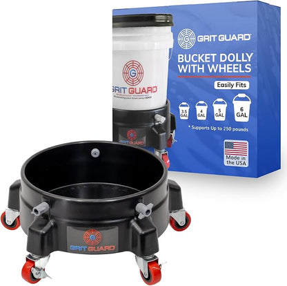 GRIT GUARD Bucket Dolly with Wheels - Rolling Detailing Wash Bucket with 5 Wheels and 2 Locking Casters Compatible with 2.5, 4, 5 and 6 Gallon Buckets (Black, 2" Red Casters) - Made in the USA