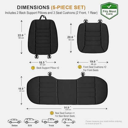 kingphenix 5-Piece Memory Foam Car Seat Cushion Set with Full Back Support Pillow, Comfort for Long Drives & Road Trips, Universal Automotive Comfort for Most Car, Van, Truck, SUV, Black