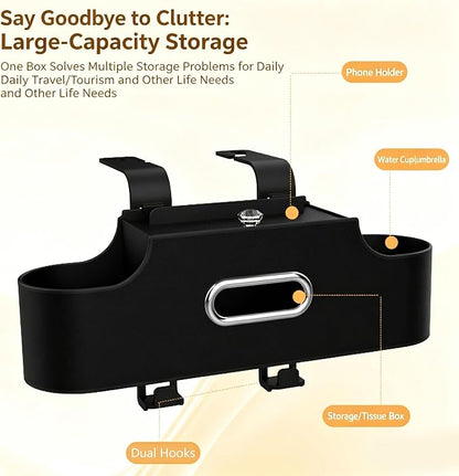 4-in-1 Back Seat Car Organizer, Adjustable Hooks, Universal Fit, with Cup Holder, Tissue Box & Storage, for Travel, Stores Phone, Snacks, Drinks, Handbags, Keeps Car Neat & Space-Saving (Beige)