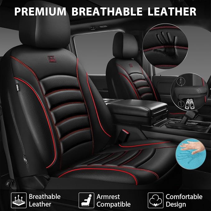 CAR PASS 3D Foam PU Leather Car Seat Covers, Universal Seat Covers Front 2 for Trucks SUV Sedan Automotive Seat Covers Armrest Airbag Compatible Waterproof Comfortable Faux Nappa Leather Black Red