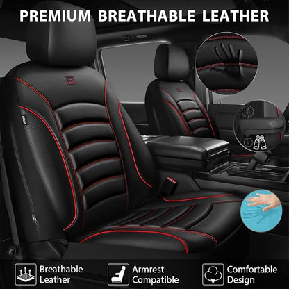 CAR PASS 3D Foam PU Leather Car Seat Covers, Universal Seat Covers Front 2 for Trucks SUV Sedan Automotive Seat Covers Armrest Airbag Compatible Waterproof Comfortable Faux Nappa Leather Black Red