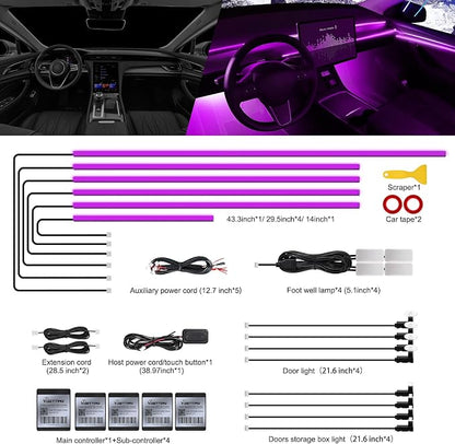 RGB Acrylic Interior Car LED Strip Light with Wireless APP, 18 in 1 with 175 inches 593 LEDs Neon LED Strip Light, 16 Million Colors Dynamic Music Sync Car Ambient Lighting Kits