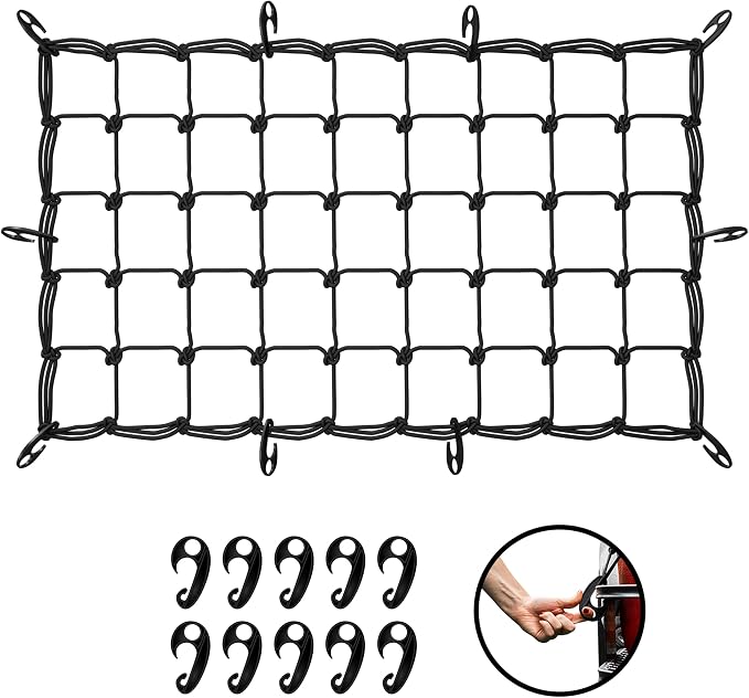 Mockins 36"x20" Heavy Duty Cargo Net for Pickup Truck Bed, Rack & More | 6mm Thick Elastic Bungee Net with Hooks Expandable Up to 75"x40" | 4"x4" Mesh Square Cargo Netting for Any Type of Load