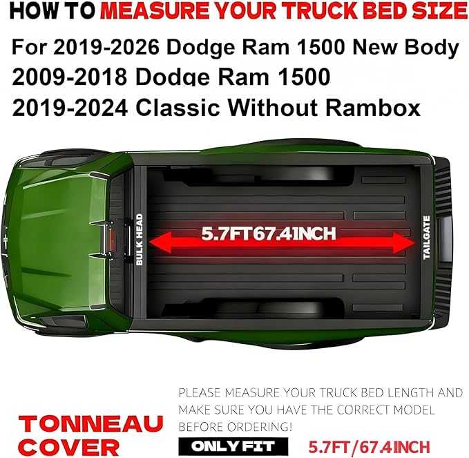 Soft Roll Up Truck Bed Tonneau Cover Compatible with 2009-2025 2026 Dodge Ram 1500 (Incl. Classic & New) 5.7 ft Bed Without Rambox | 5.7FT(67.4")