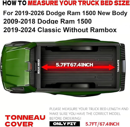 Soft Roll Up Truck Bed Tonneau Cover Compatible with 2009-2025 2026 Dodge Ram 1500 (Incl. Classic & New) 5.7 ft Bed Without Rambox | 5.7FT(67.4")
