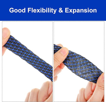 Xuniea 96ft Wire Loom Braided Cable Sleeve Covers Cord Management with 127 Pcs Tube Heat Shrinkable for Audio Video Cable Cord Protectors from Pets(1/2, 1/4, 3/8 Inch,Black and Blue)