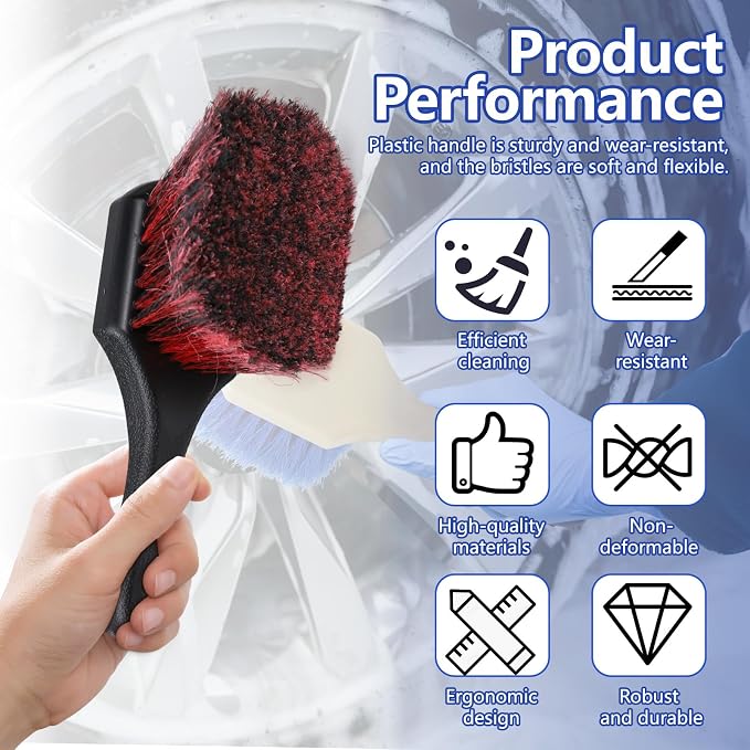 Hovom Car Wash Brush for Tire & Wheel Rim, Soft Bristle Wheel Cleaning Brushes, Short Handle Tire Cleaner Brush Releases Dirt and Road Grime, Universal Car Cleaning Supplies (Black+Red)