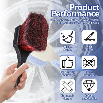 Hovom Car Wash Brush for Tire & Wheel Rim, Soft Bristle Wheel Cleaning Brushes, Short Handle Tire Cleaner Brush Releases Dirt and Road Grime, Universal Car Cleaning Supplies (Black+Red)