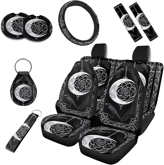 Raven Car Seat Cover Set of 10, Gothic Moon Dream Catcher Crow Rear Front Seat Protector Car Interior Cover, Halloween Crow Black Elastic Safety Belt Coaster Keychain