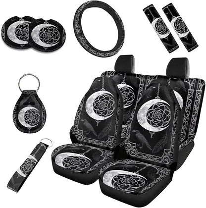 Raven Car Seat Cover Set of 10, Gothic Moon Dream Catcher Crow Rear Front Seat Protector Car Interior Cover, Halloween Crow Black Elastic Safety Belt Coaster Keychain