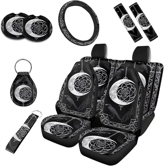 Raven Car Seat Cover Set of 10, Gothic Moon Dream Catcher Crow Rear Front Seat Protector Car Interior Cover, Halloween Crow Black Elastic Safety Belt Coaster Keychain