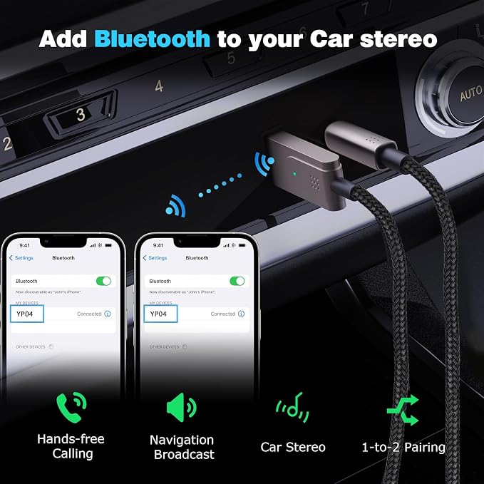 Bluetooth 5.3 to Aux Adapter for Car, USB to TRS 3.5mm Receiver - Adds Bluetooth to Car, Speaker, Home Stereo Audio for Hands-Free Calls, Voice Navigation, Phone Music - Brown