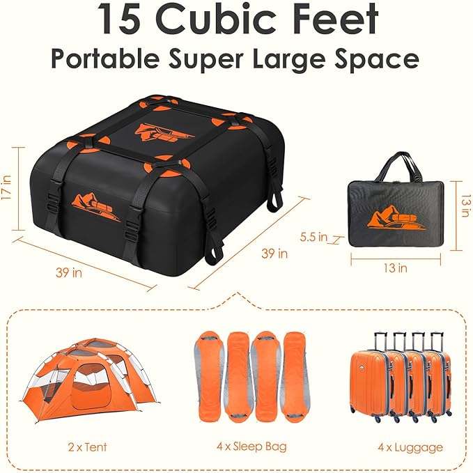 Car Rooftop Cargo Carrier Bag 15 Cubic Feet, 100% Waterproof Heavy Duty Car Roof Bag for All Vehicle with/Without Racks - Anti-Slip Mat, 4 Door Hooks, Storage Bags, 4PCS 3.8CM Straps(Orange)