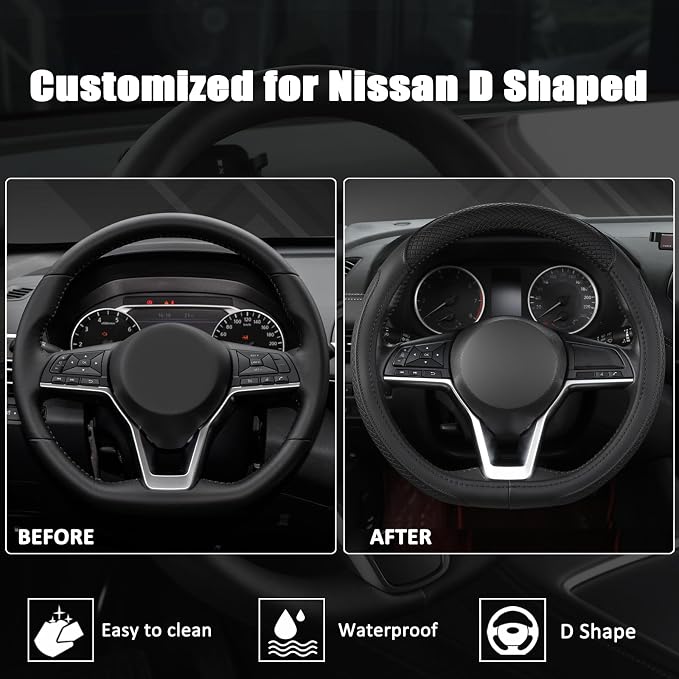 West Llama Customized Auto Car Steering Wheel Cover for Nissan,D Shaped Steering Wheel Cover for Rogue,Altima,Kicks (D-Shaped-Black)