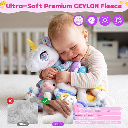 Car Seat Toys for Babies 0-6 Months, Unicorn Carseat Toys Hanging Baby Car Seat Toys, Stroller Toys with Music Rattle, Sensory Hanging Toys for Newborn Infant Crib