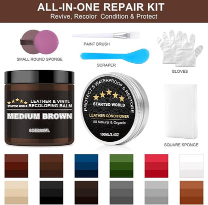 STARTSO WORLD 200Ml Leather Recoloring Balm with 100ML Leather Conditioner, Medium Brown Leather Repair Kit for Furniture, Leather Dye, Leather Scratch Repair, Leather Couch Paint