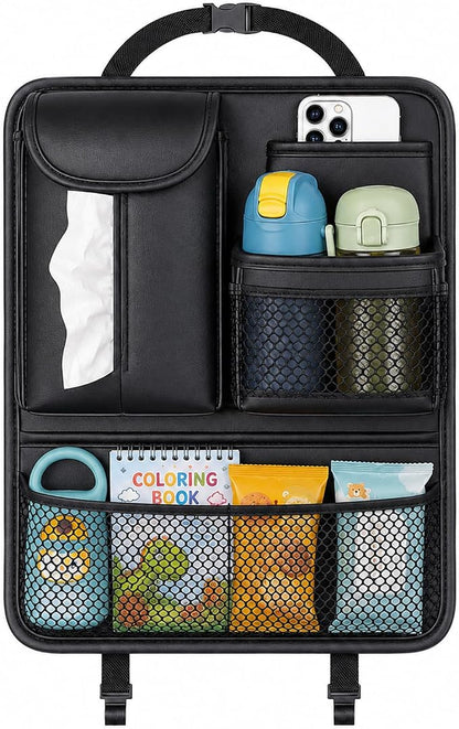 Backseat Car Organizer for Kids and Family Travel, Seat Protector with 5 Storage Pockets, Holds Snacks Drinks Toys, Easy Install for Car SUV Truck, Waterproof Organizer