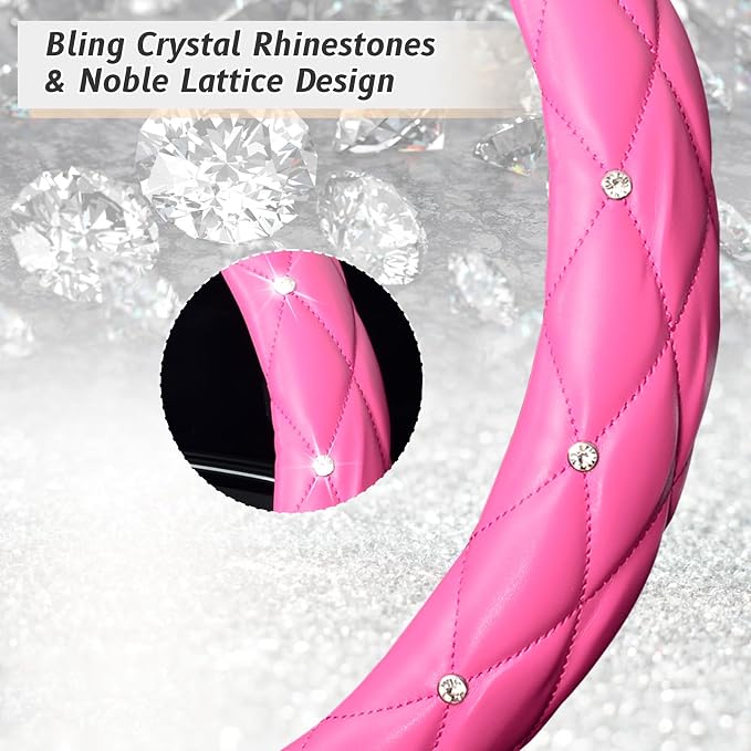 KAFEEK Diamond Leather Steering Wheel Cover with Bling Bling Crystal Rhinestones, Universal 15 inch,Dark Pink