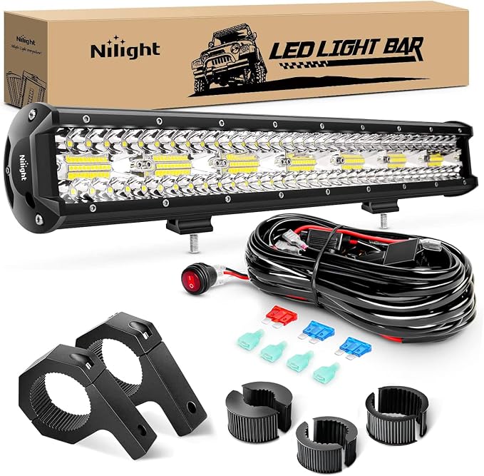 Nilight 20Inch 420W Triple Row Flood Spot Combo 42000LM Bar Driving Boat Led Off Road Lights with Mounting Bracket 16AWG Wiring Harness Kit