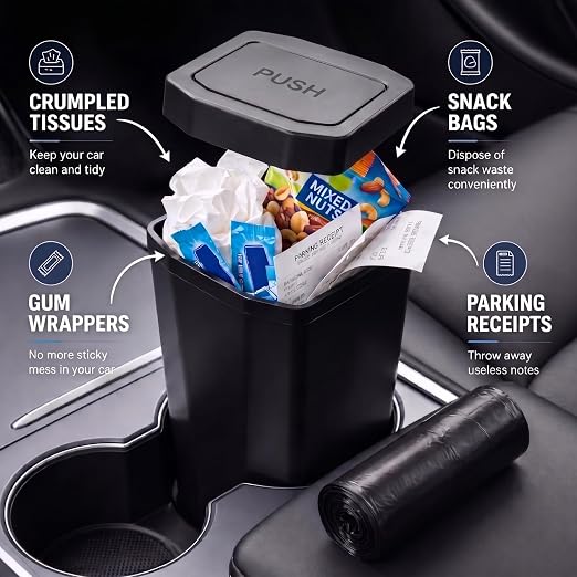 Car Trash Can, 2 Packs Mini Car Garbage Can with Lid, Leakproof Small Cup Holder Trash Can for Car with 60 Trash Bags, Vehicle SUV Truck Organizers and Storage for Home, Office, Black