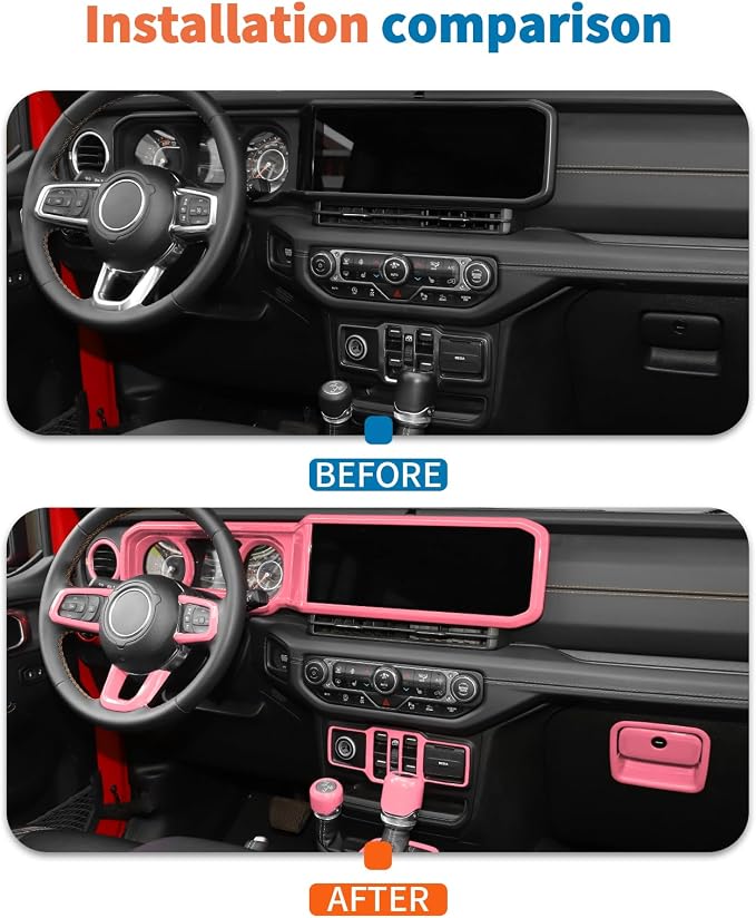 JeCar 14-Piece Pink Interior Accessories Trim Kit for 2024-2025+ Jeep Wrangler JL 4XE Gladiator JT- Center Console Dash Panel Interior Upgrade