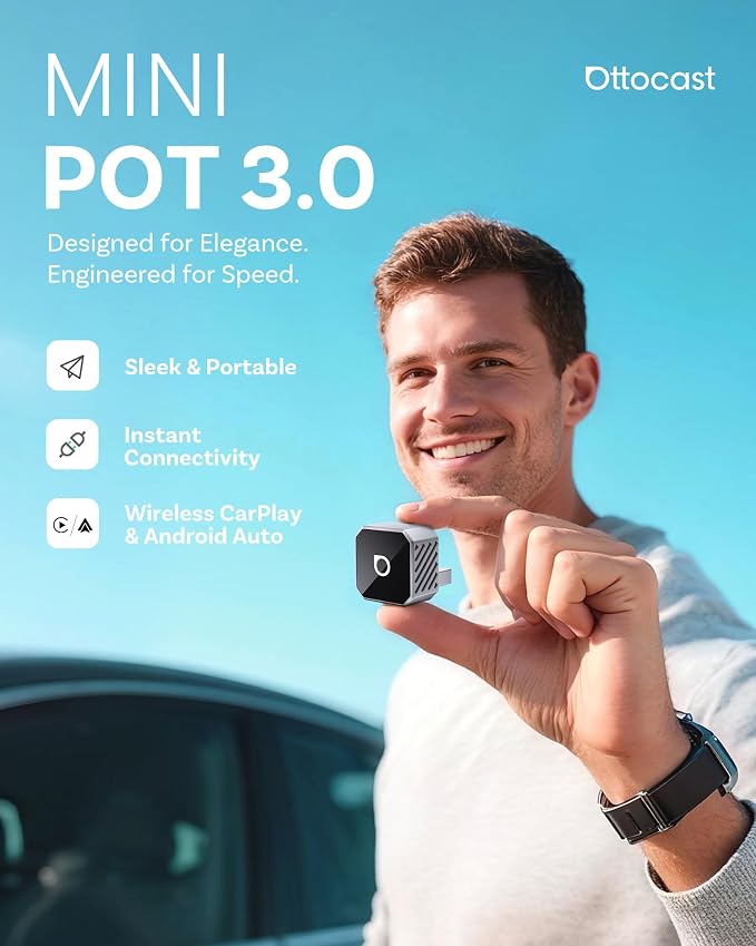 OTTOCAST Mini 3.0 Silver 2-in-1 Wireless CarPlay & Android Auto Adapter – Plug & Play for iPhone/Android, Dual-Phone Memory, Dual-Band WiFi (2.4/5GHz), Auto-Reconnect