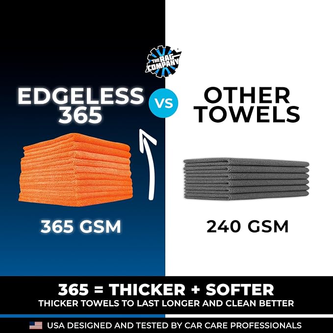 The Rag Company - Edgeless 365 Microfiber Towels (10-Pack) Premium 70/30 Blend, Professional Polishing, Wax Removal, Auto Detailing, 365gsm, 16in x 16in, Orange
