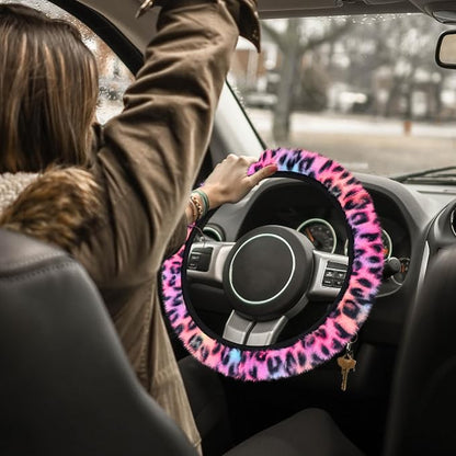 Accmor Fuzzy Car Steering Wheel Cover, Universal Fit Fluffy Auto Wheel Cover & Handbrake Cover & Gear Shift Cover Set, Leopard Print, Car Steering Wheel Cover Protector for Women Girls (Colorful)