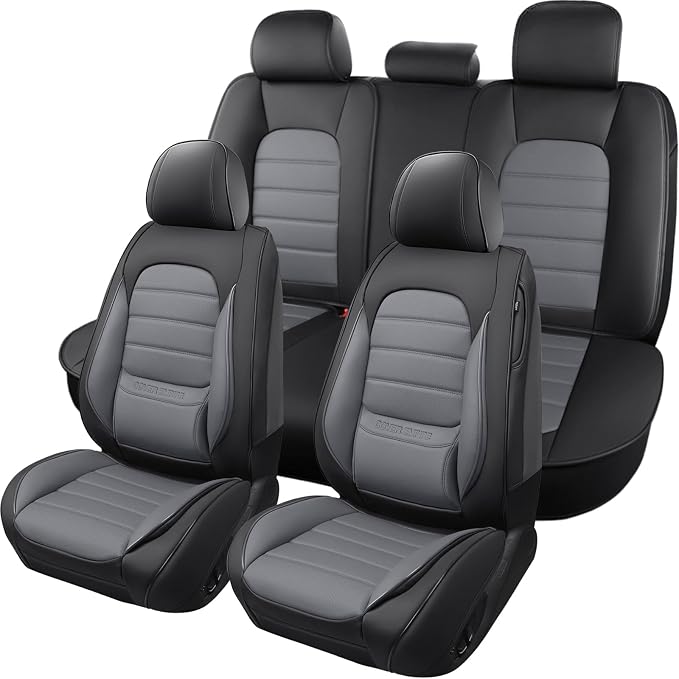 Car Seat Covers Full Set, Universal Leather Seat Covers for Cars, Breathable & Waterproof Automotive Seat Cover for Most Sedans, SUVs, Trucks, Full Coverage Seat Protector, Black Gray