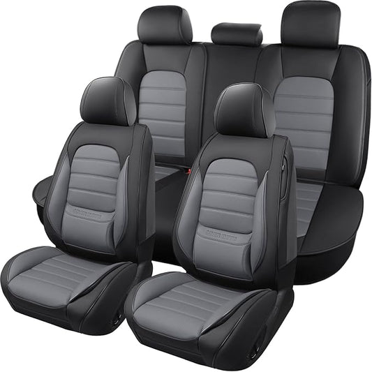 Car Seat Covers Full Set, Universal Leather Seat Covers for Cars, Breathable & Waterproof Automotive Seat Cover for Most Sedans, SUVs, Trucks, Full Coverage Seat Protector, Black Gray