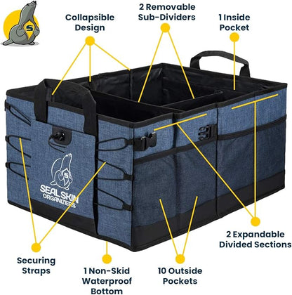 Seal Skin Covers Trunk Organizer for SUV, Car & Truck - Premium Heavy Duty & Collapsible with 3 Adjustable Size - Lightweight & Portable Storage Organizer - Easy to Use & Install in Any Vehicle - Blue