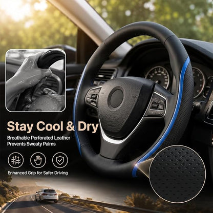 Steering Wheel Cover Blue, Carbon Fiber Car Steering Wheel Covers with Coasters Universal 14.5-15 inch Leather Microfiber Breathable Anti-Slip Steering Wheel Accessories Set