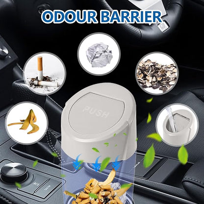 Hovom Mini Car Trash Can with Lid, Portable Garbage Can for Car, Leakproof Cup Holder Automotive Garbage Bin with 2 Rolls of Trash Bags, Small Trash Storage Can for Car Home Office(White)