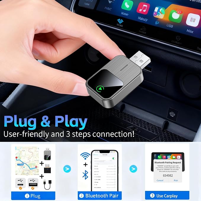 Wireless CarPlay Adapter for iPhone - Wired to Wireless CarPlay,Plug & Play,Fast & Stable Connection,Mini USB & Reset Button,Compatible with Cars 2016+ (iOS Only)