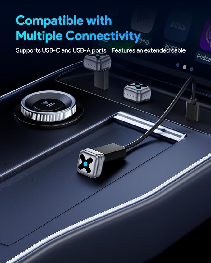 Wireless CarPlay Adapter for iPhone＆Android Auto, 3s Fast Auto-Connect, 5.8GHz WiFi, Bluetooth 5.4, Convert Wired to Wireless, No Delay, USB-C/USB-A/Extension Cable, Compatible with iOS10+/Android 10+