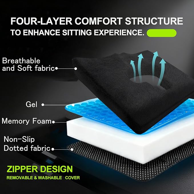 Gel Wheelchair Seat Cushion,Bed Sore Cushions for Butt,Gel Cushion for Pressure Relief,Donut Pillow for Tailbone Pain Relief,Sciatica,Coccyx,hemorrhoid Pillow,Cushion for Office Chair(BLACK2)