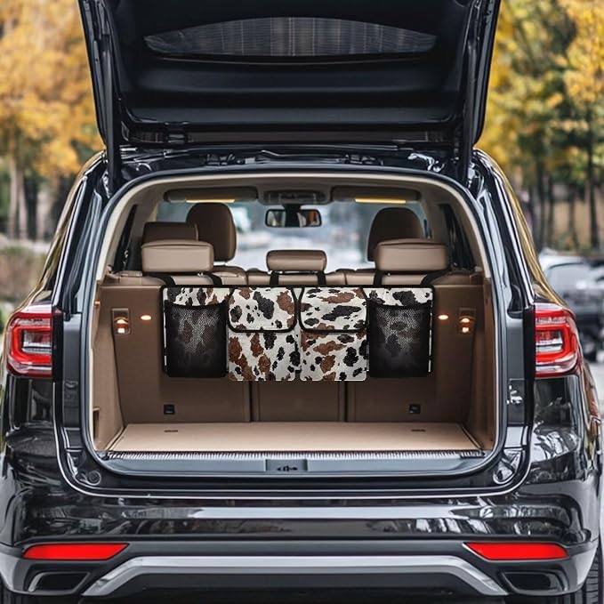 Large Capacity Car Backseat Trunk Organizer with Adjustable Straps Black Hanging Brown Cow Spots Trunk Storage Bag