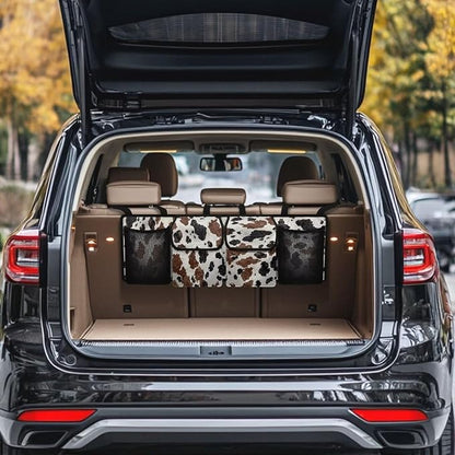 Large Capacity Car Backseat Trunk Organizer with Adjustable Straps Black Hanging Brown Cow Spots Trunk Storage Bag