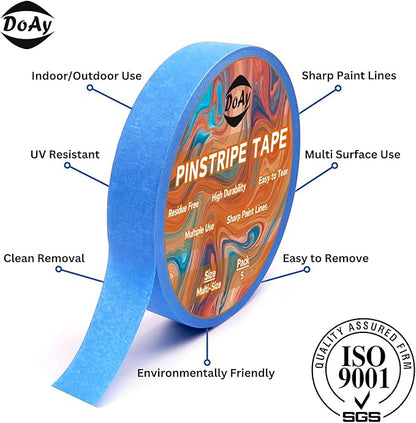5 Rolls Pinstripe Tape - Masking Tape 1/16", 1/8", 1/4", 1/2", 3/4" - Thin Painters Masking Automotive Tape for DIY, Car, Auto, Paint, Art, Tumblers (Blue)