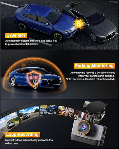 4K Dash Cam Front and Rear, Dual Dash Camera for Cars with 64G SD Card, 3" IPS Dashcam with Night Vision, Time Lapse, 24H Parking Mode, 170° Wide Angle, G-Sensor, Loop Recording, Real WDR