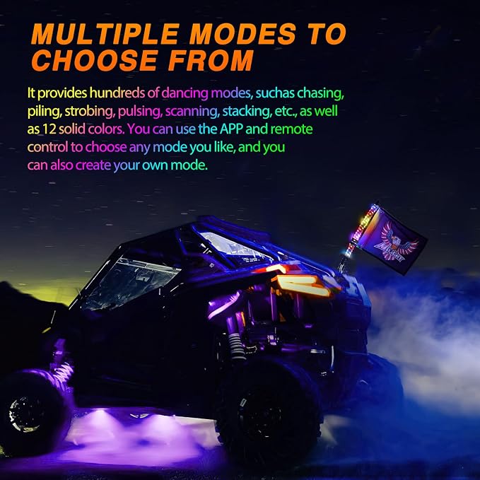 Nilight RGB Whip Light 1PC 2FT Lighted Antenna Whips with Remote & App Control DIY Chasing Patterns Brake Reverse Lights for ATV UTV Polaris RZR Can-am Dune Buggy Pickup Trucks Jeep