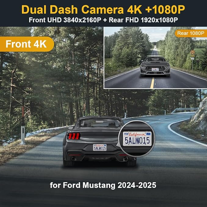 Fitcamx Front 2160P+Rear 1080P Dash Cam Adapts for Ford Mustang 2024 2025 Ecoboost GT Premium Dark Horse, OEM Look, Dual HD Video, Loop Recording, WiFi & APP, G-Sensor, Easy to Set, 128GB Card