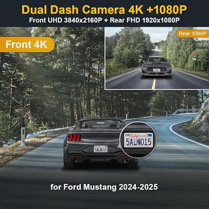 Fitcamx Front 2160P+Rear 1080P Dash Cam Adapts for Ford Mustang 2024 2025 Ecoboost GT Premium Dark Horse, OEM Look, Dual HD Video, Loop Recording, WiFi & APP, G-Sensor, Easy to Set, 128GB Card