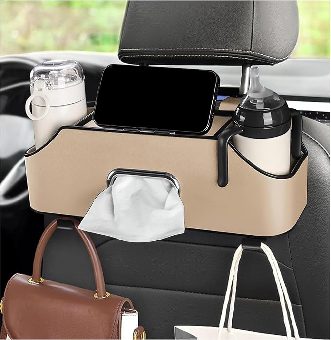 Car Seat Back Organizer with 2 Drink Cup Holder, Headrest Rear Seat Storage Organizer with Tissue Box and Hook, Multi-Functional Backseat Hanging Storage Box for Kids Travel (Beige)