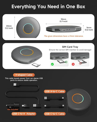 ATOTOZONE 2025 Upgrade CB6 CarPlay AI Box&Android AI Box, Wireless CarPlay/Android Auto Adapter, Plug & Play CarWave Car Smart Box with AI DriveChat, GPS Track, Android 13, 2 BT, 4G LTE, 4G+64G, Gray