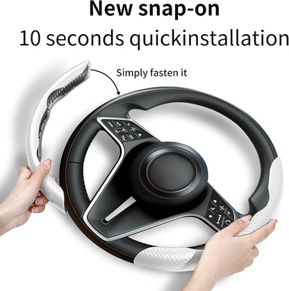 Carbon Fiber Steering Wheel Cover, 2-Piece Set Anti-Skid Comfortable Grip Segmented Butterfly Design, Easy Snap-On Installation Universal Fit 99% Cars, White