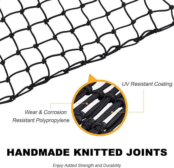 GSPSCN Cargo Net 3' x 4' for Truck Pickup Bed, Trailer,Boat,RV SUV Stretched to 9'x12' Max Roof Rack Net, 4”x4” Mesh Heavy Duty Bungee Cord Net for Tacoma,Frontier,Colorado & Subaru Crosstrek
