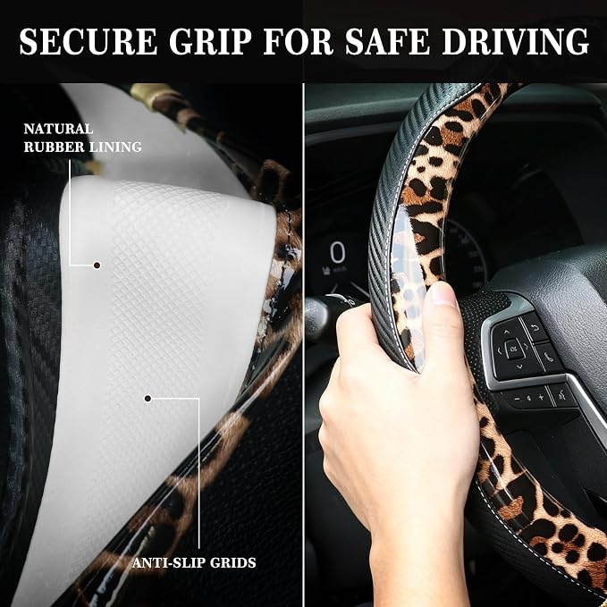 KAFEEK Light Brown Leopard Steering Wheel Cover, 15 inch Carbon Fiber Texture, Coffee Cheetah Pattern, Non-Slip Microfiber Leather, Universal Fit for SUV Sedan