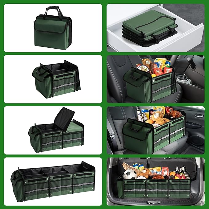 Snuopfy Car Trunk Organizer,115L Heavy Duty Collapsible Trunk Storage, with Insulated Leakproof Cooler Bag Vehicle Cargo Organizer with Lid, 3 Compartments, Straps For Car,Suv,Jeep,Sedan-Green