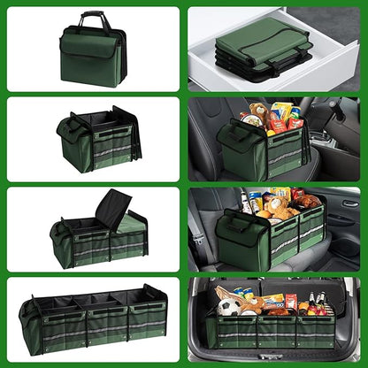 Snuopfy Car Trunk Organizer,115L Heavy Duty Collapsible Trunk Storage, with Insulated Leakproof Cooler Bag Vehicle Cargo Organizer with Lid, 3 Compartments, Straps For Car,Suv,Jeep,Sedan-Green
